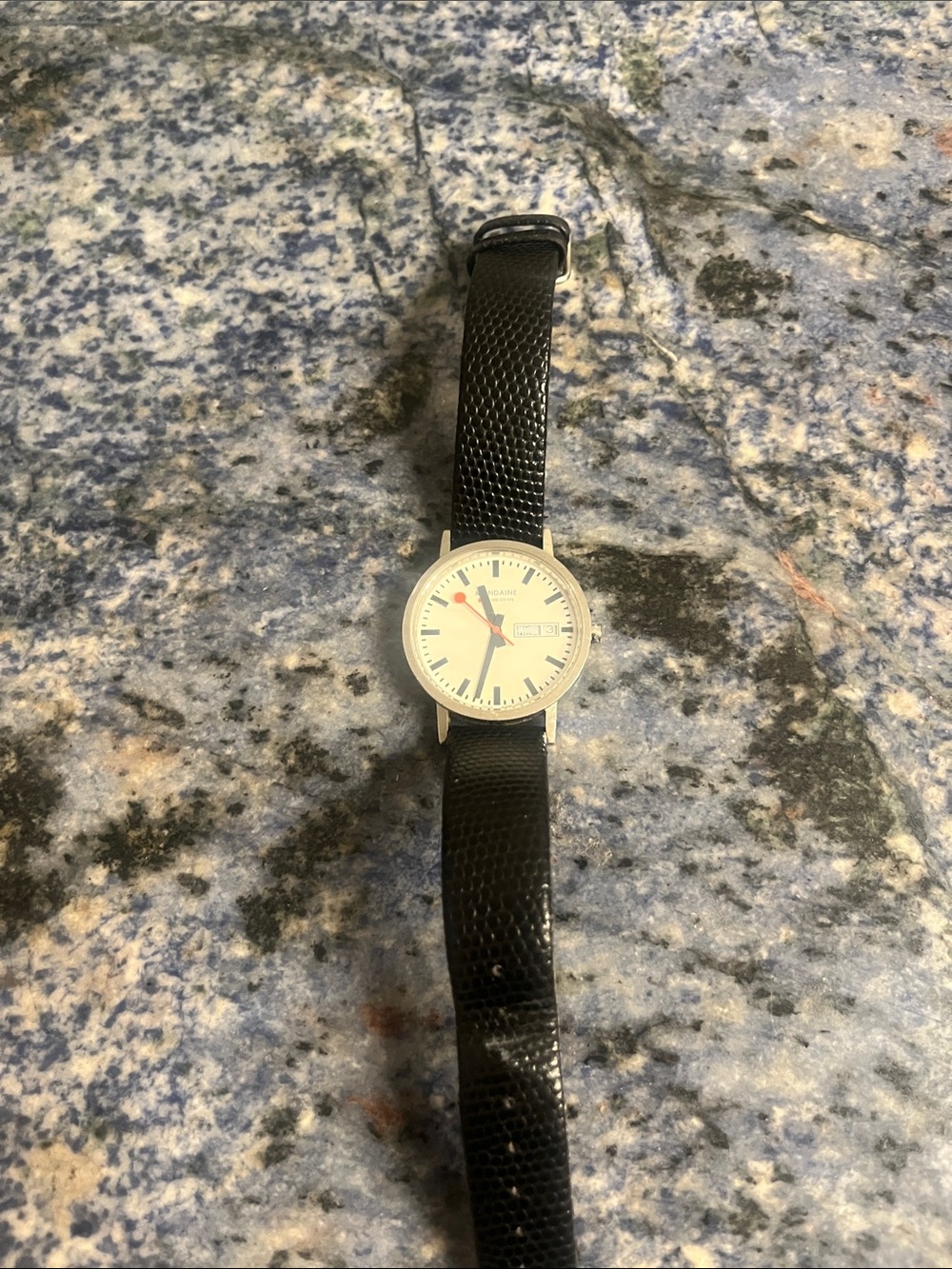 Mondaine White Dial Watch with Black Strap and Red Second Hand